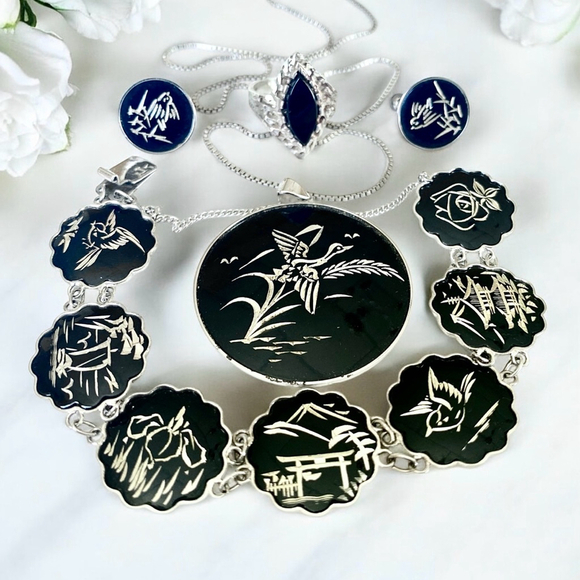 Vintage Amita Japan Damascene Jewelry Set Lot Black Silver Sterling Parure - Picture 1 of 9